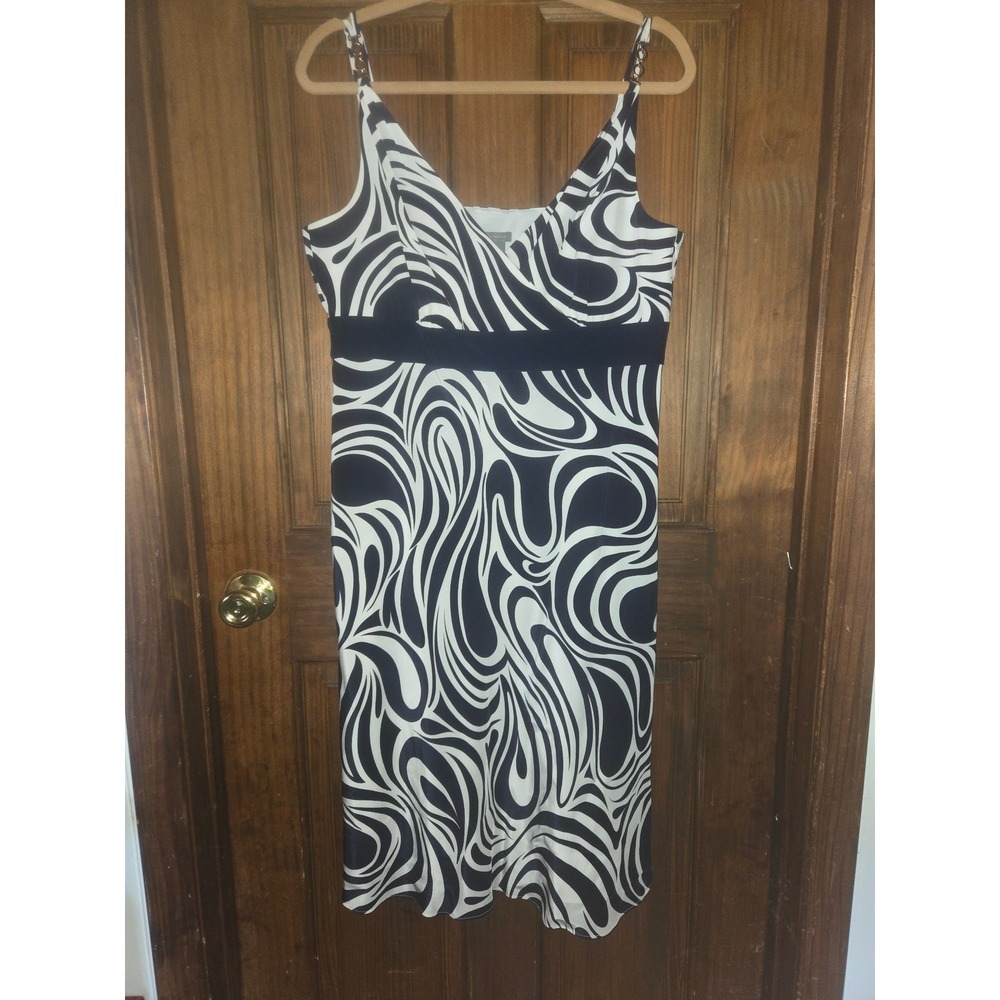 Ann Taylor Silk Abstract Swirl Midi Dress Navy White Metal Ring Straps Size 12‎
